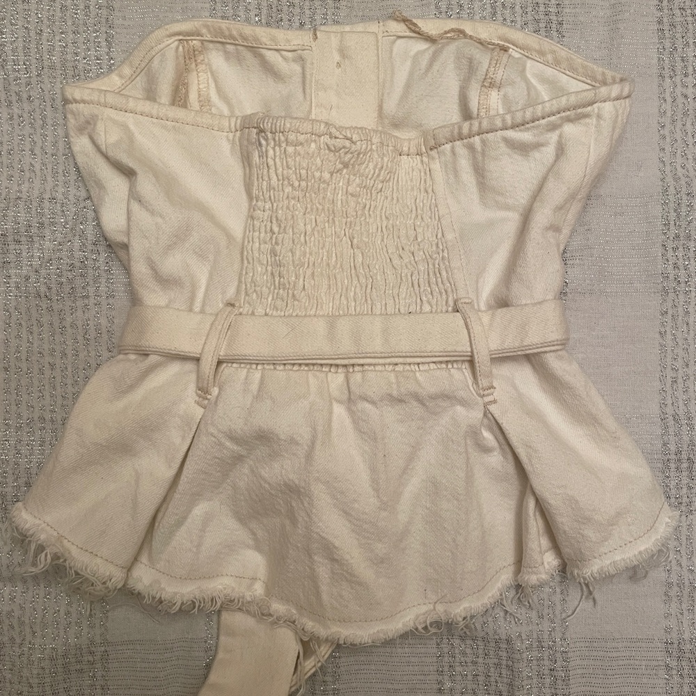 Free People White Denim Strapless Button Down Flared Waist Top - Picture 2 of 2